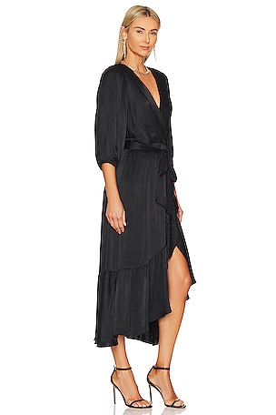 Bobi Ruffle Surplice Midi Dress in Black