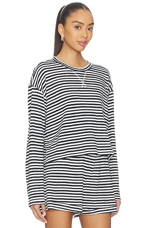 Bobi Drop Shoulder Pullover Top in Navy,White