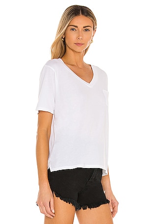 Bobi Light Weight Jersey V Neck Pocket Tee in White
