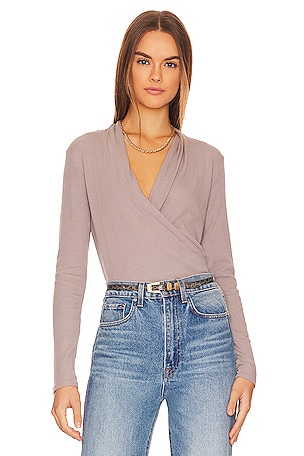 Bobi Long Sleeve Surplice Tee in Lead REVOLVE