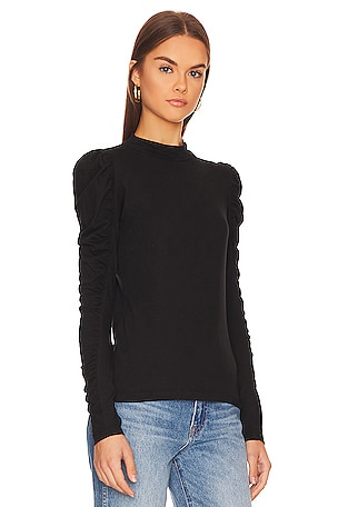 Bobi Shirred Sleeve Turtleneck Top in Black