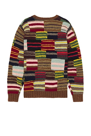 Beams Plus Crew Hand Knit Patchwork Sweater in Brown