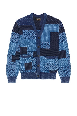 Cardigan Indigo Patchwork Like Jacquard Beams Plus