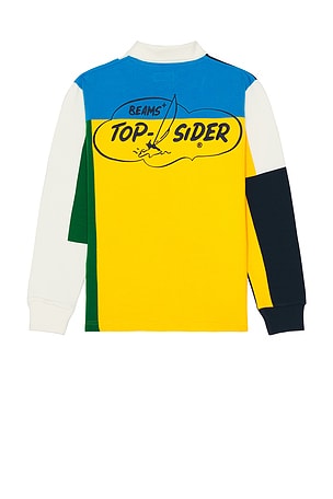 Beams Plus Knit Ragger Color Block On Embroidery in Blue,Yellow