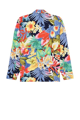 Beams Plus Mil Open Collar Tropical Pattern Print in Black