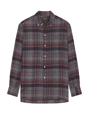 Open Collar Brushed Satin Plaid Shirt Beams Plus