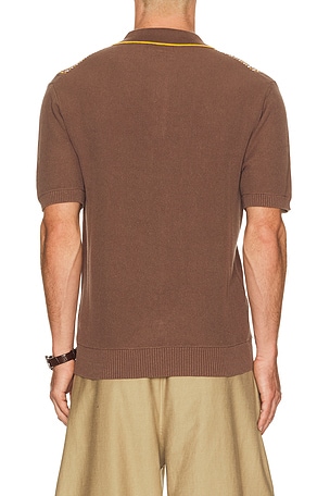 Beams Plus Knit Polo Front Stripe Jacquard in Brown