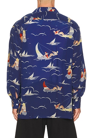 Beams Plus Open Collar Cupro Print in Blue