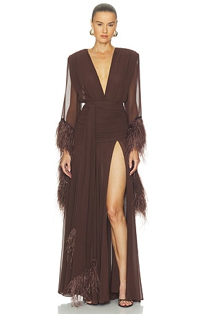 Long Sleeve Deep-v Feather Gown Bronx Banco