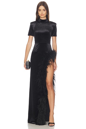 Short Sleeve Velvet Maxi Dress With Feather Trim Bronx Banco