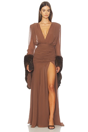 Chiffon & Faux Fur Long Sleeve V-Neck Gown Bronx Banco