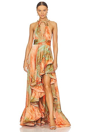 Alice + Olivia Ryan High Neck Leather T-Back Maxi Dress in Sunset