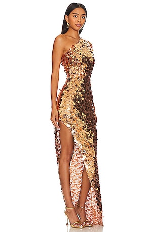 Bronx and Banco Farah One Shoulder Gown in Metallic Gold