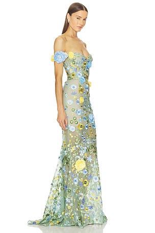 Bronx and Banco Portofino Floral Jasmine Off The Shoulder Gown in Teal