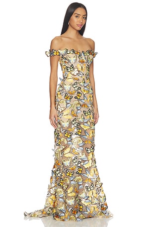 Bronx and Banco Bella Butterfly Jasmine Off The Shoulder Gown in Tan,Orange
