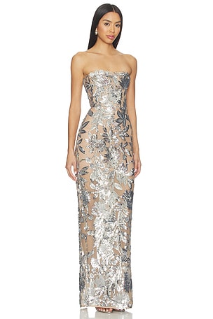 Bronx and Banco Dahlia Strapless Maxi Dress in Metallic Silver