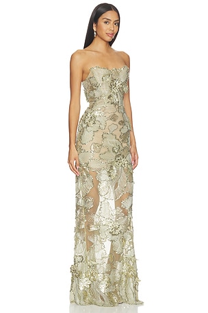 Bronx Banco Tiffany Sequin Floral Farah Strapless Maxi Dress in Sage. Size S. Also