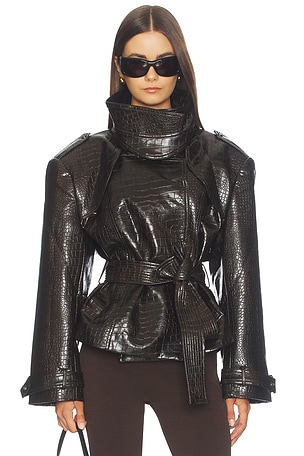 Faux Leather Croc Embossed Belted Jacket Bronx Banco