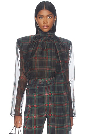 Plaid Long Sleeve Organza Blouse with Tie Bronx Banco