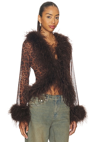 Bubish Gigi Sheer Feather Blouse Top in Brown