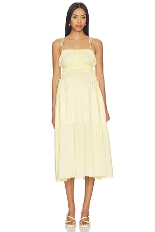 BUMPSUIT Shirred Midi Poplin Dress in Yellow. Size XS. Also