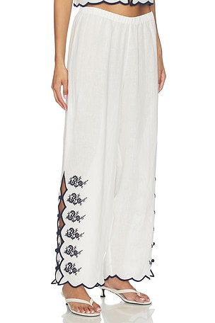 CAMI NYC Madrid Embroidered Linen Pant in White,Navy