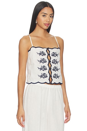 CAMI NYC Nazare Embroidered Linen Camisole in White,Navy