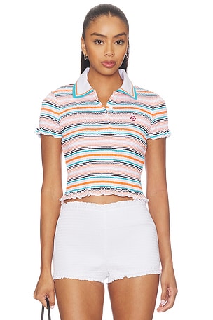 Stripe Shirred Polo Top Casablanca