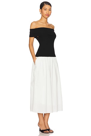 Central Park West Darcy Mixed Media Off Shoulder Dress in Black,White