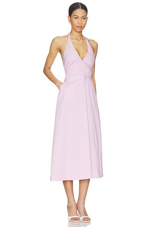 Central Park West Ora Poplin Stripe Halter Dress in Pink