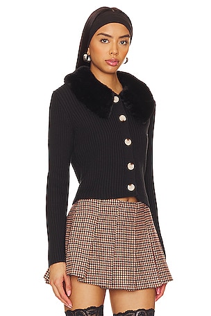 Central Park West Delilah Faux Fur Collar Cardigan in Black