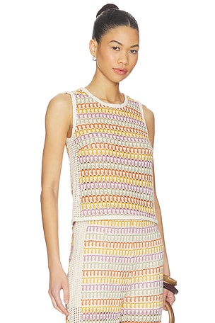 Central Park West Celine Rainbow Crochet Button Back Shell in Yellow,Beige. Size XS. Also