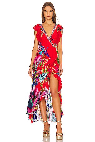 Camilla Ruffle Wrap Midi Dress in Birds Of A Feather | REVOLVE