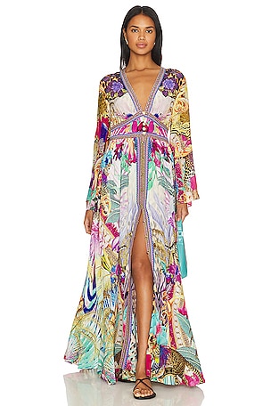 Camilla Kimono Sleeve Dress W/ Shirring Detail in MERRY GO