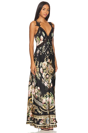 Camilla V Neck Full Length Bias Slip Dress in Black