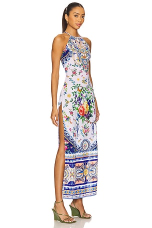 Camilla High Neck Long Dress in White,Blue
