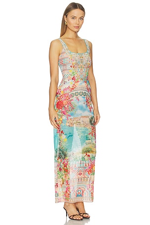 Camilla Square Neck Beach Maxi Dress With Low Back in Blue,Orange. Size XS. Also