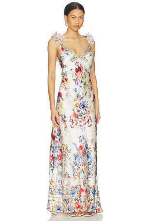 Camilla V Neck Bias Slip Dress With Back Frill in Ivory