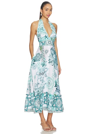 Camilla Ruffle Neck Halter Dress in Green