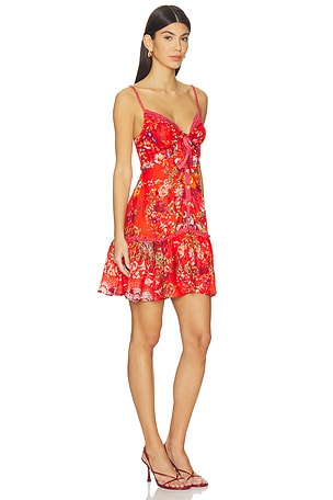 Camilla Tie Front Short Dress With Hem Ruffle in Ol&eacute; Ol&eacute; in Red