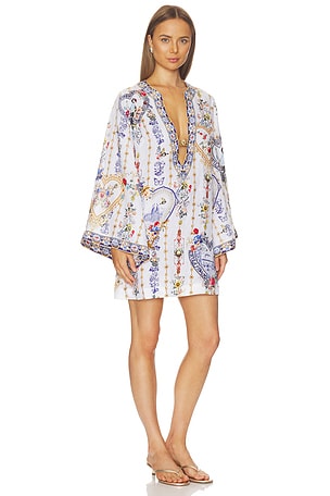 Camilla Deep V Neck Hardware Short Kaftan in Blue