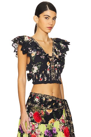 Camilla Deep V Frill Short Sleeve Top in Black