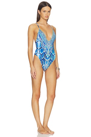 Camilla Padded V Neck Cross Back One Piece in Blue