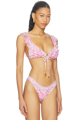 Camilla Tie Front Tri Bikini Top With Frill Neck in Pink