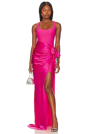 Hot Pink Silk Satin Prom Dress With Slit Criss Cross Long Evening Dres –  Okdresses