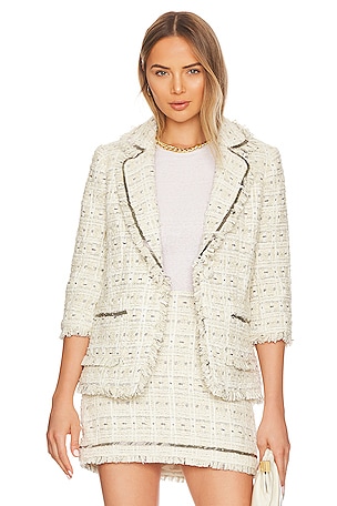 Astr The Label Lyssa Tweed Cropped Jacket Blue Taupe Silver / L