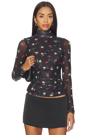 Tumbling Carnations Shirred Mesh Top Cinq a Sept