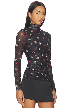 Cinq a Sept Tumbling Carnations Shirred Mesh Top in Black