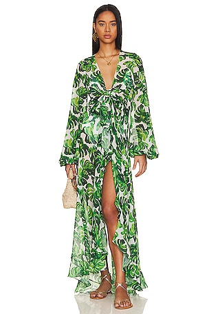 CAROLINE CONSTAS Charlize Coverup in White Green Palm Leaf | REVOLVE