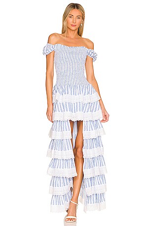 CAROLINE CONSTAS Keegan Gown in White & Blue Toile Stripe | REVOLVE
